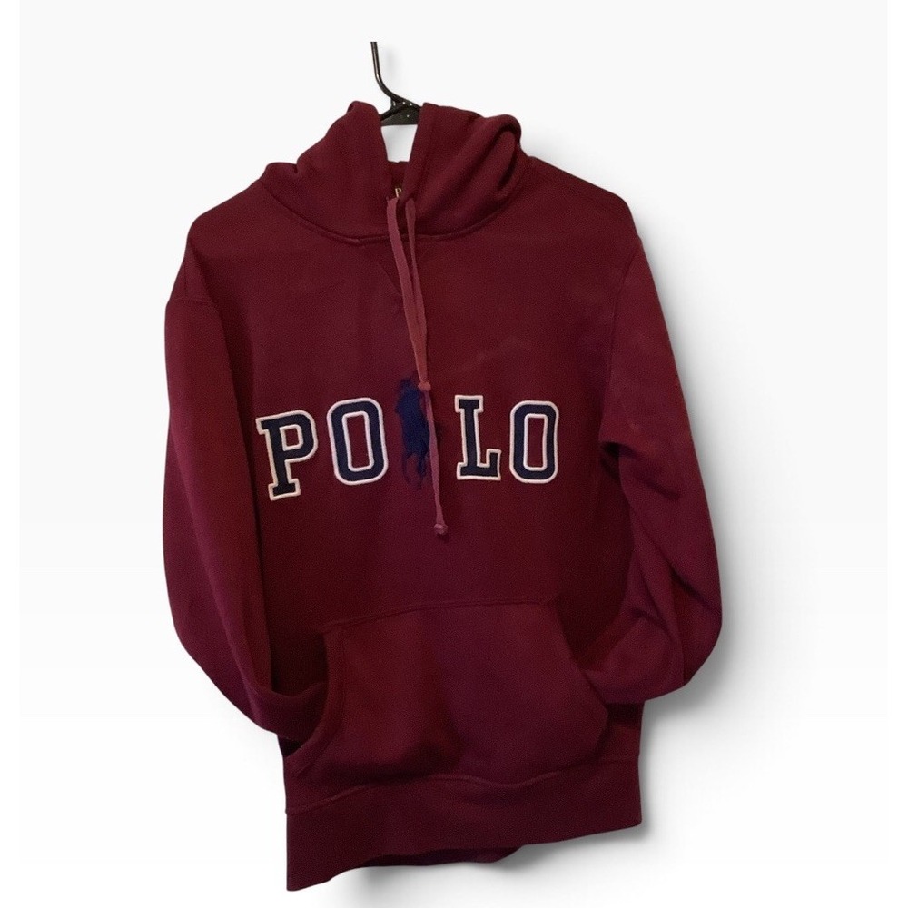 Polo Ralph Lauren Size M Burgundy Spellout Longline Pullover Hoodie Sweatshirt